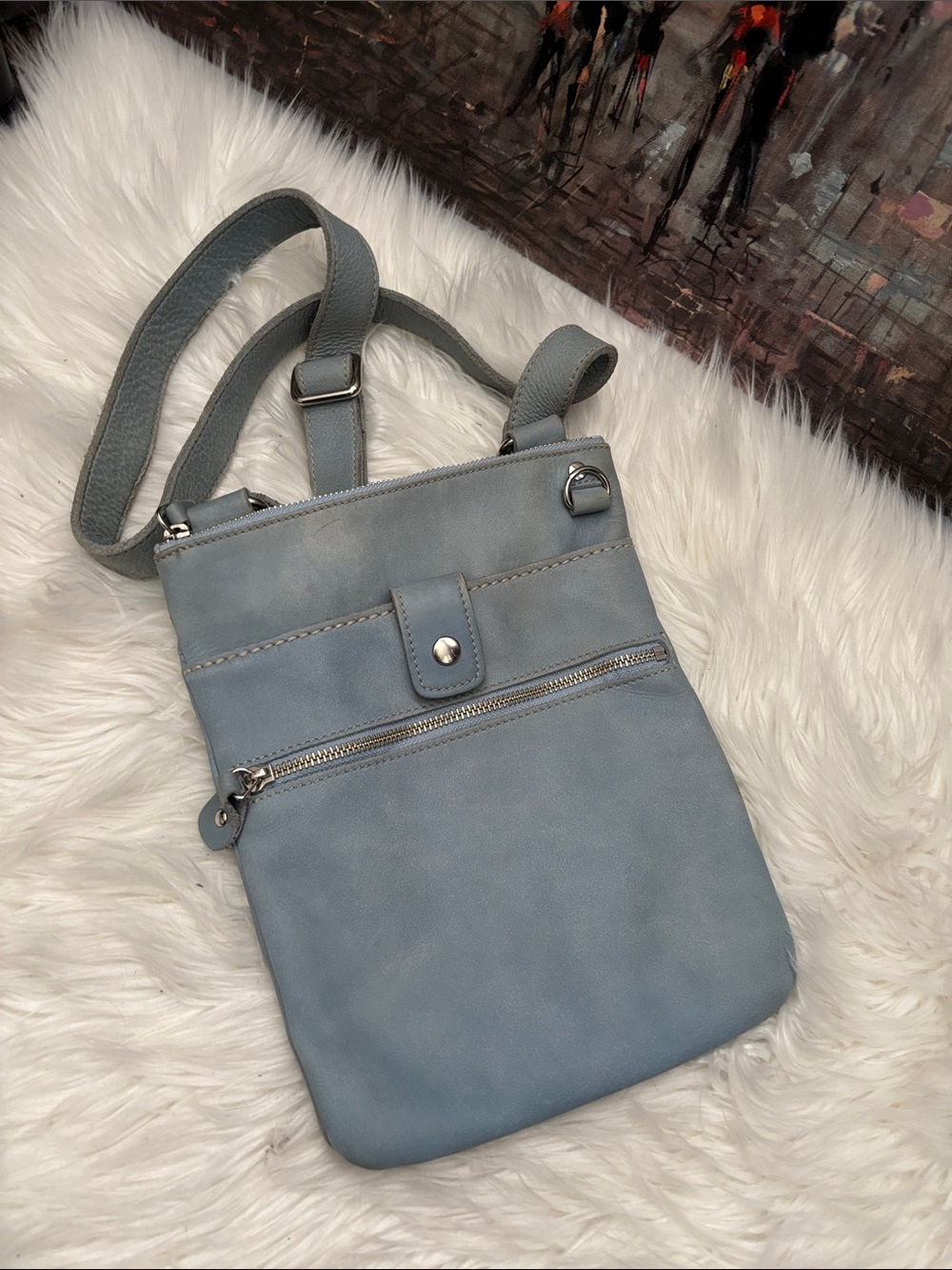 Roots Powder Blue Leather Villager Crossbody